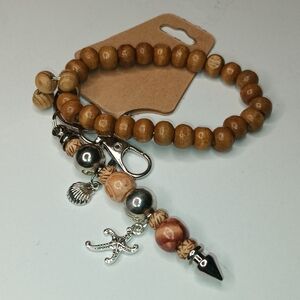 Wooden  Beaded bag charm / keychain With Starfish And Sea Shell Charms